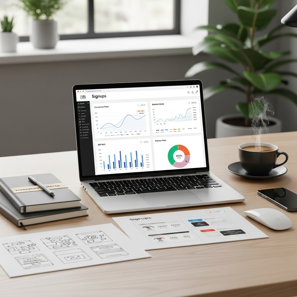 Professional workshop setting with laptop displaying signup page analytics and conversion metrics